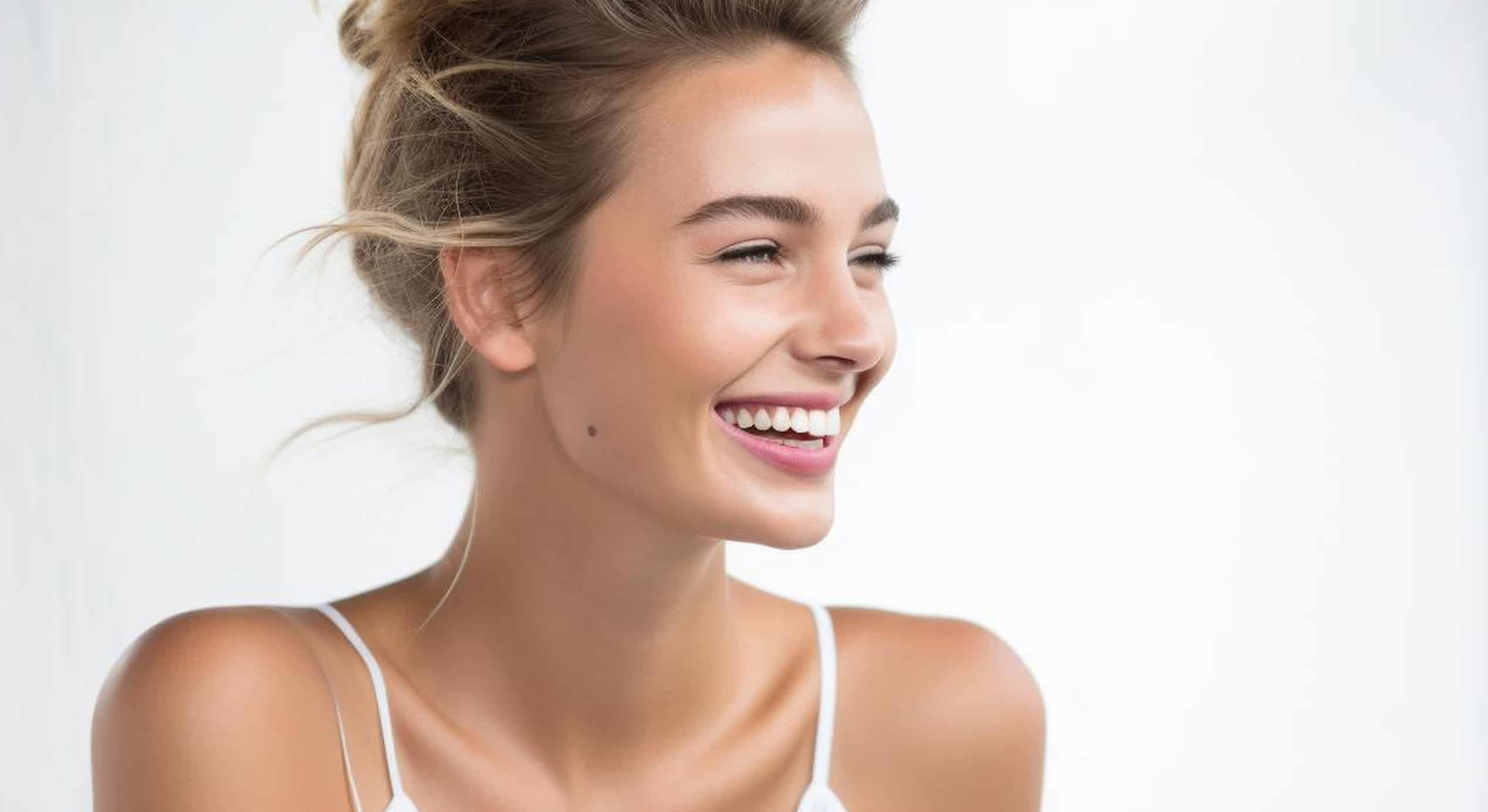 Beautiful young female with hair bun having joyful look 1 1