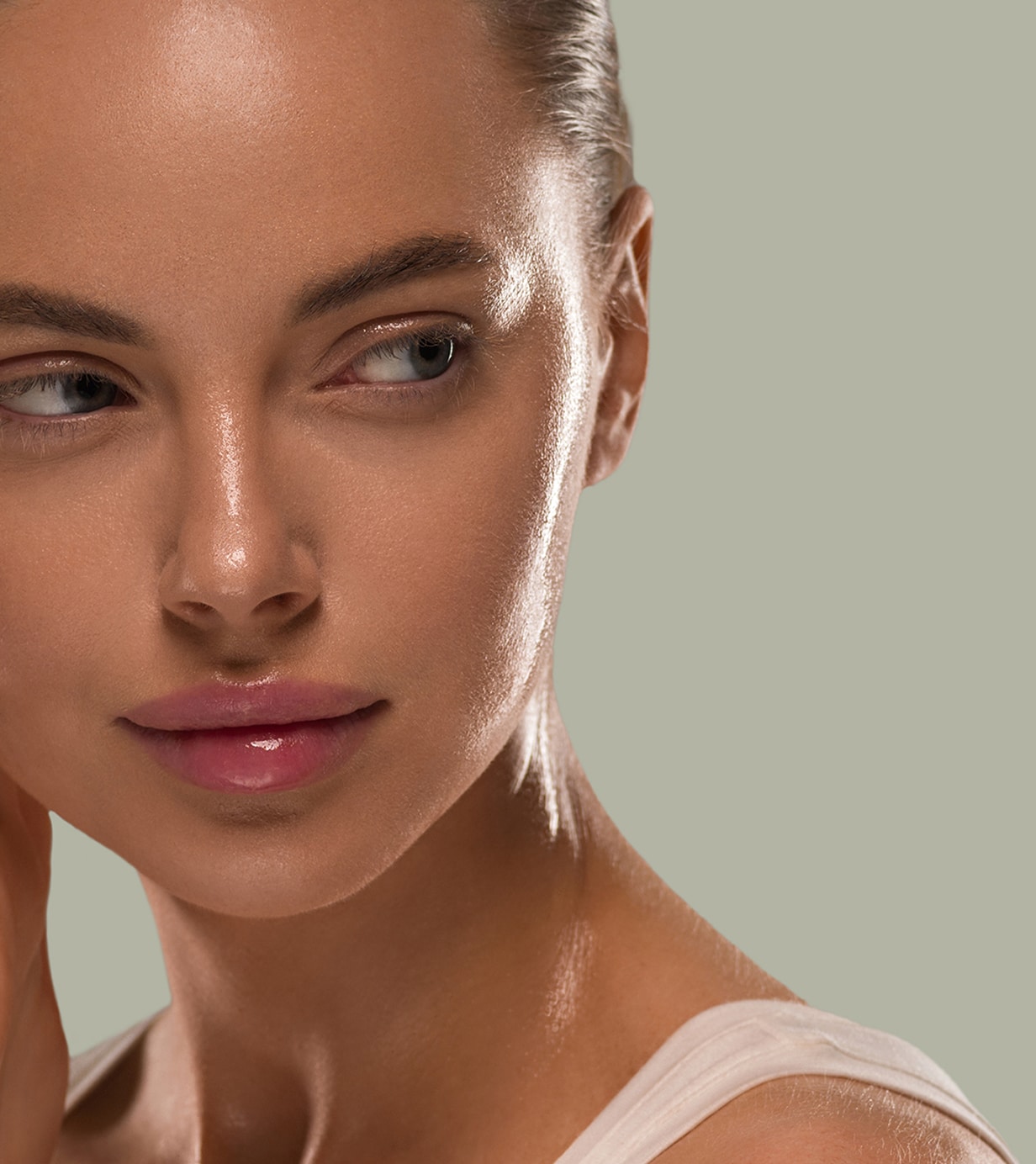 Beauty woman with hands healthy natural make up clean fresh skin concept color background green 1 1