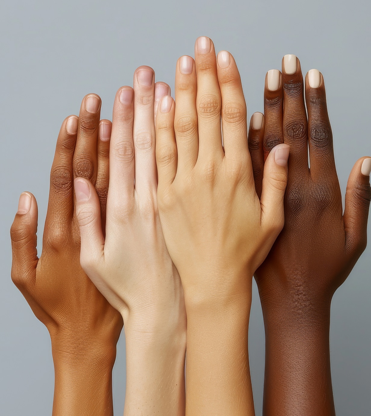 Close up multiple hands different skin tones aligned vertically against gray background 1