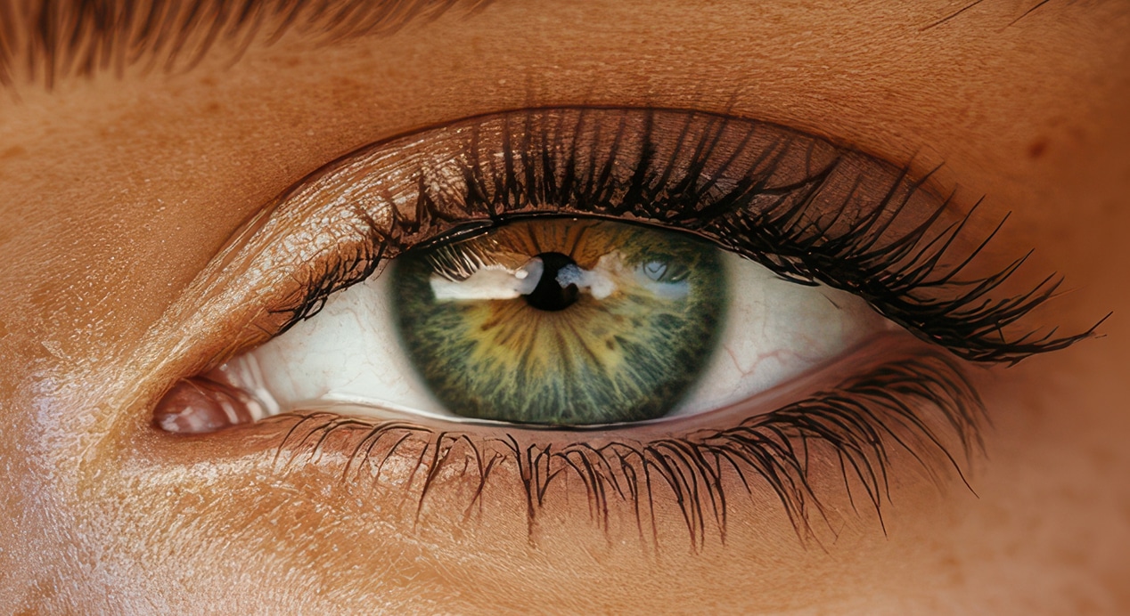 Close up womans captivating green eye with freckles 1