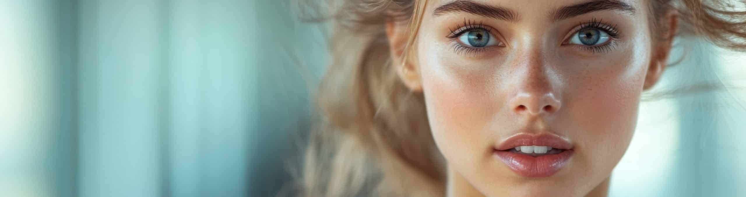 Closeup portrait young woman with blue eyes blonde hair 1