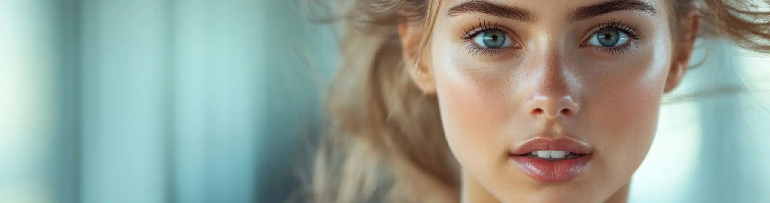 Close-up portrait of a young blonde woman with blue eyes