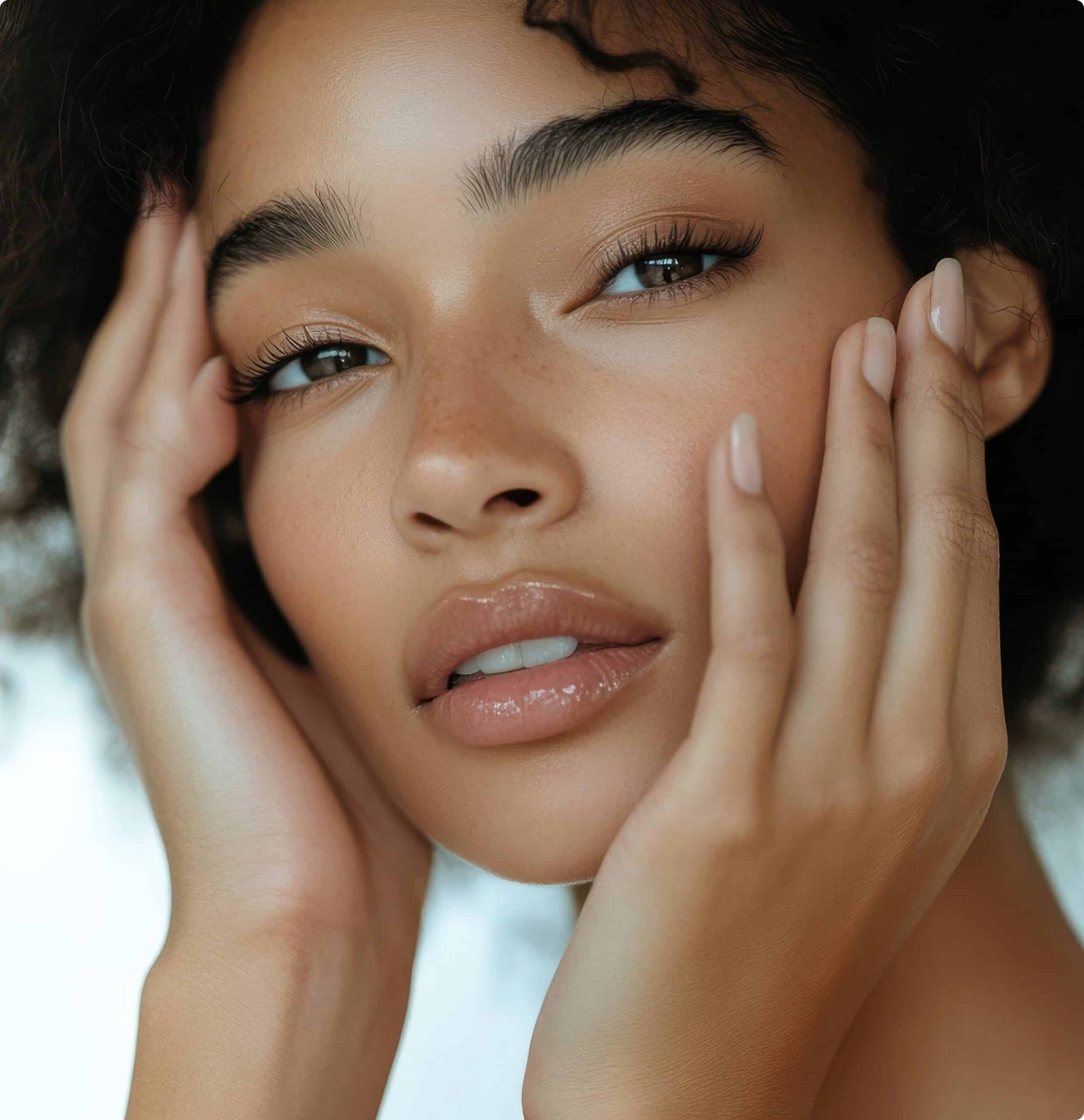 Closeup woman with flawless radiant skin gently touching her face with both hands 1