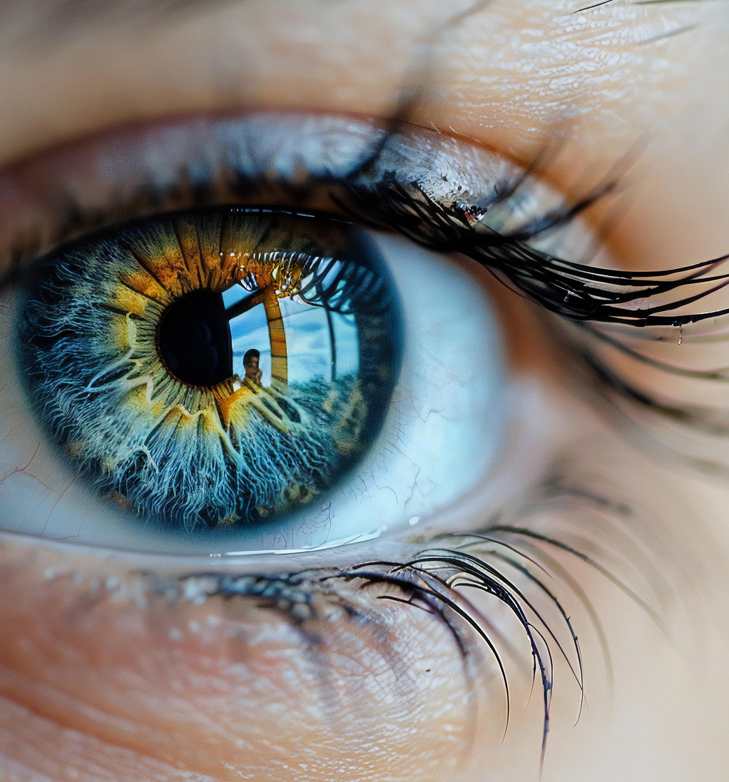 Depicting close up eye iris is white blue with some black its center pupil 1