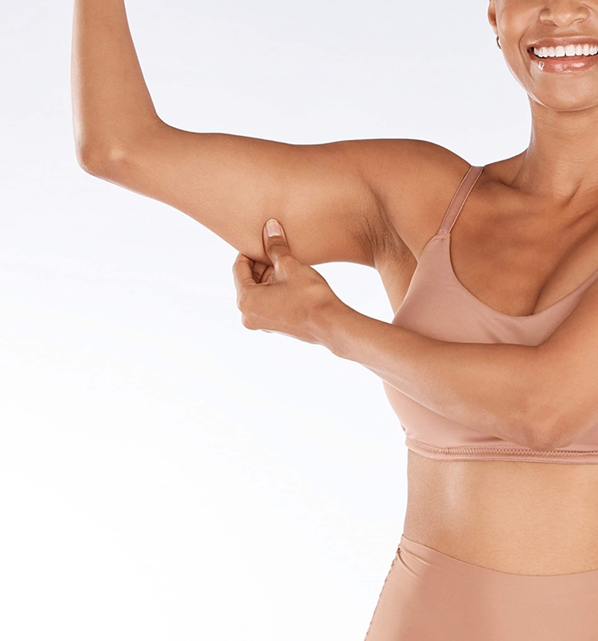 Health muscle flex portrait black woman white background with smile body wellness beauty fitness exercise girl excited…