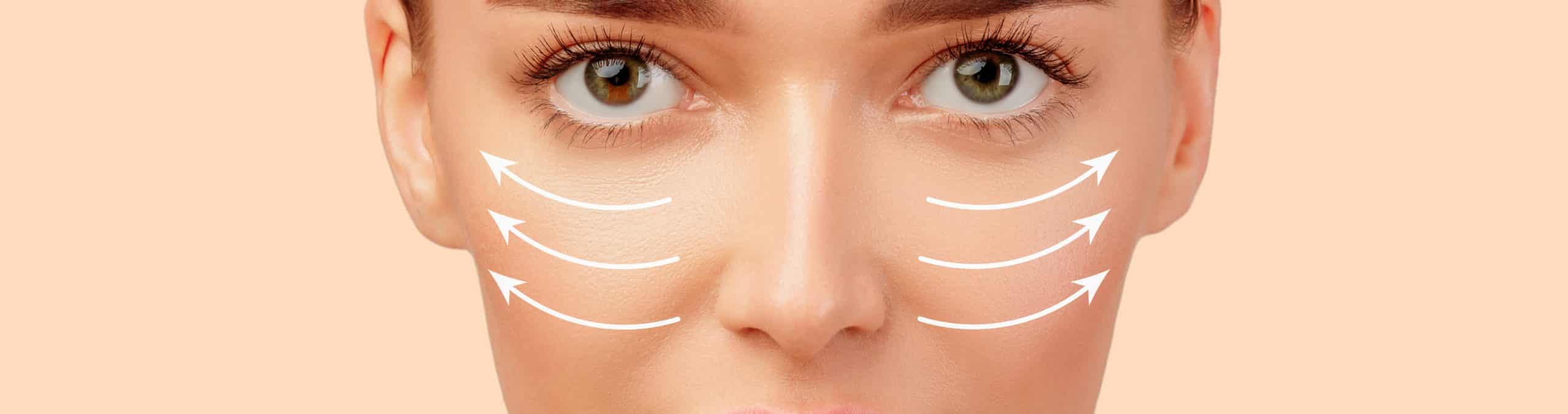 Lifted rejuvenated pretty young womans face with lifting arrows perfect smooth skin beauty 1