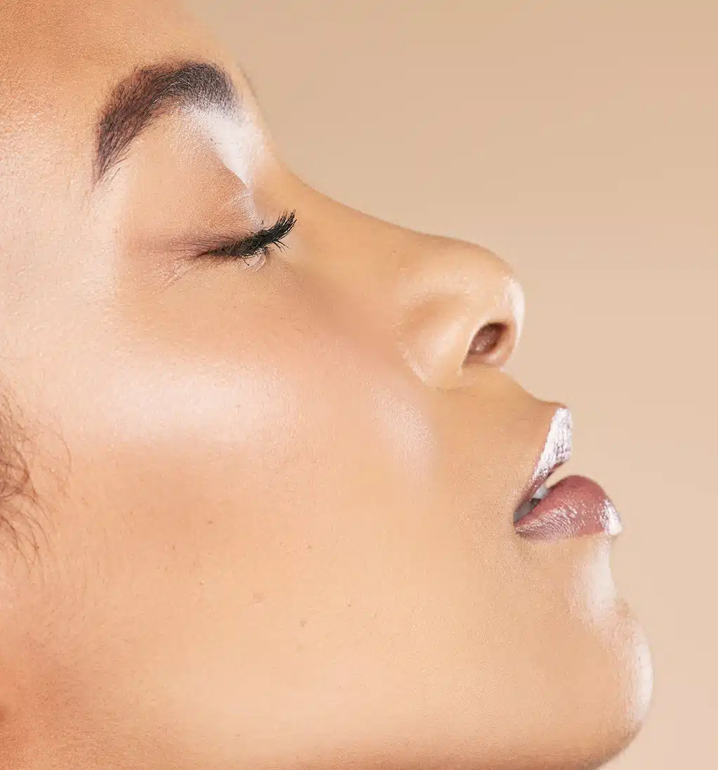 Makeup beauty face woman with mockup skincare isolated studio background spa dermatology side profile facial cosmetics…
