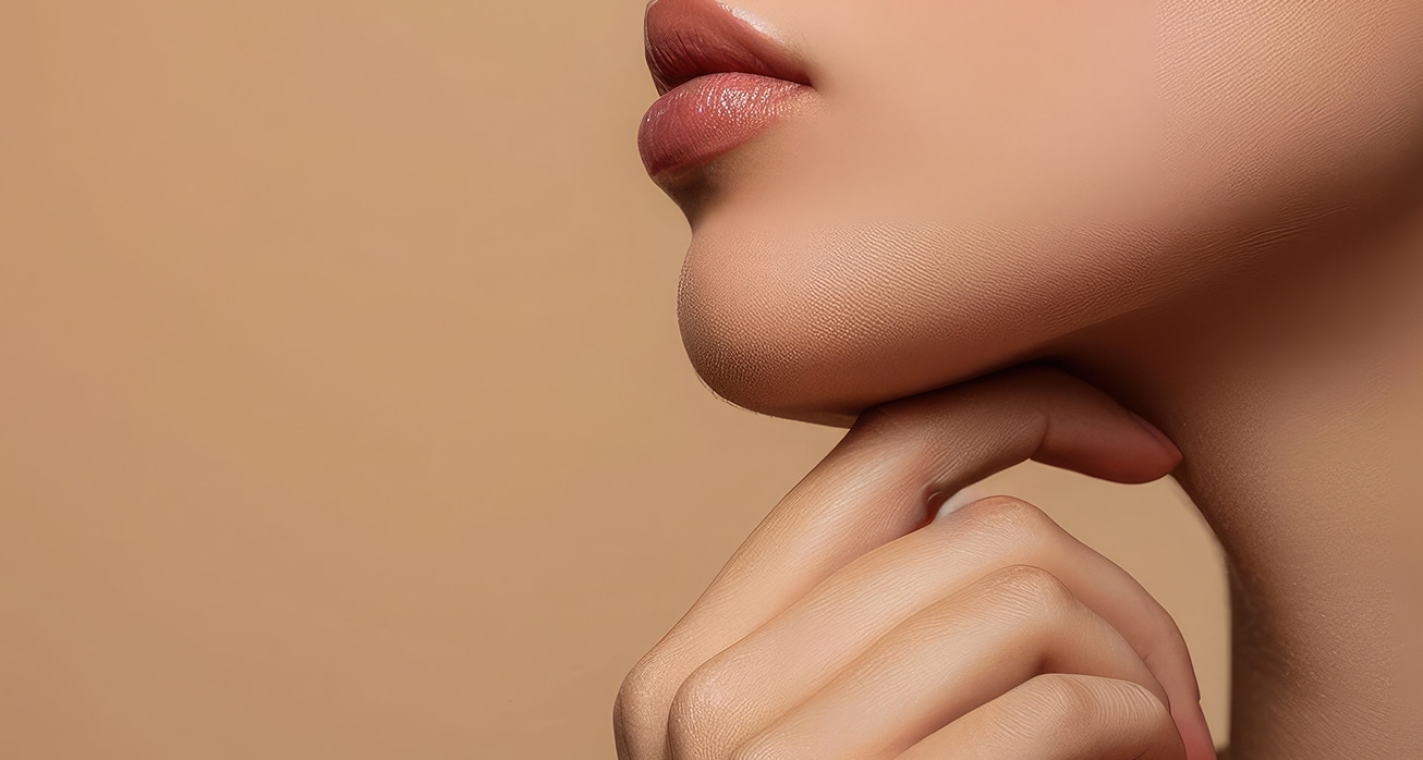 Side view cropped woman with perfect skin touching chin isolated beige 1