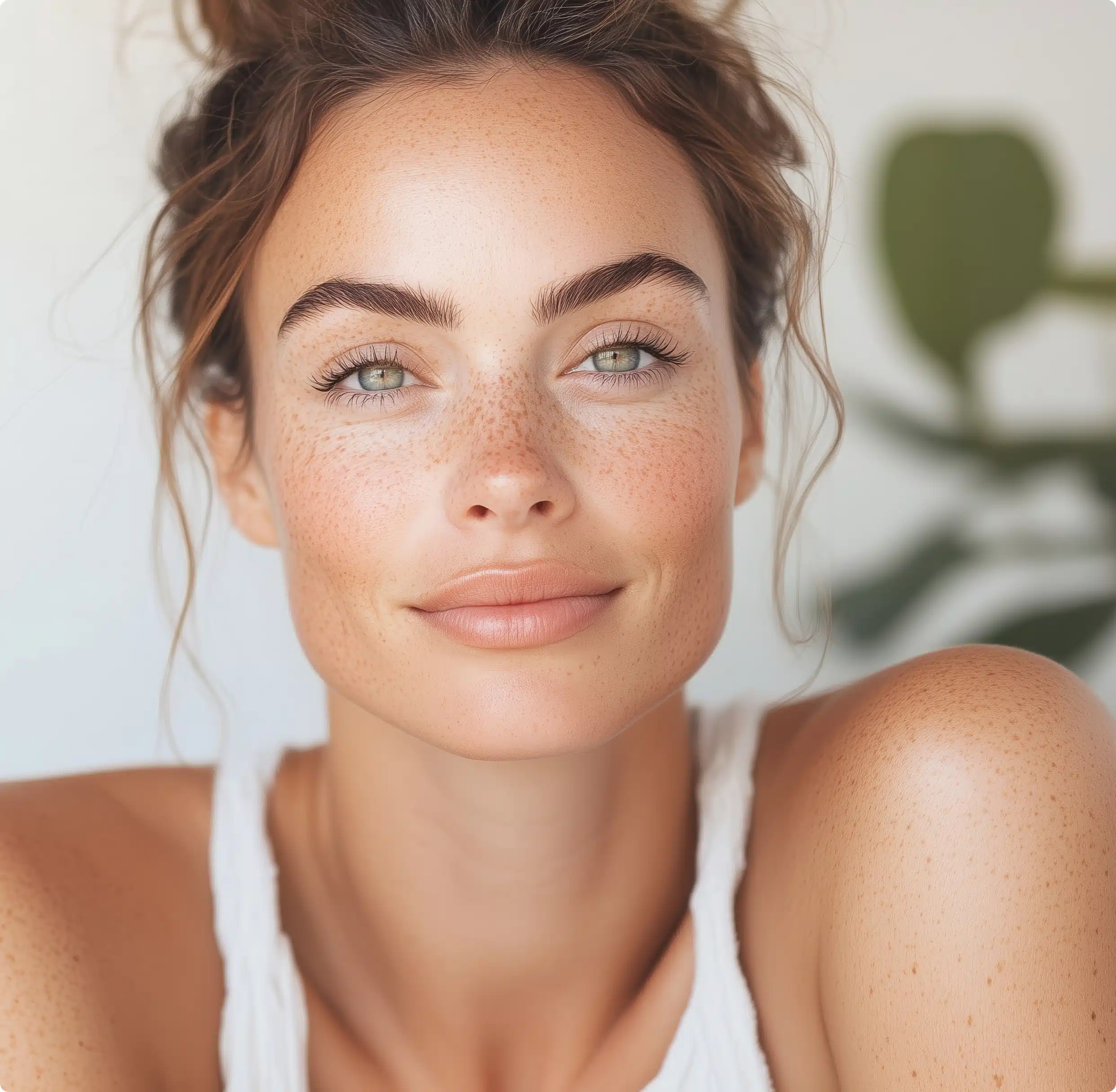 Smiling woman with freckles clear skin bright indoor setting daytime