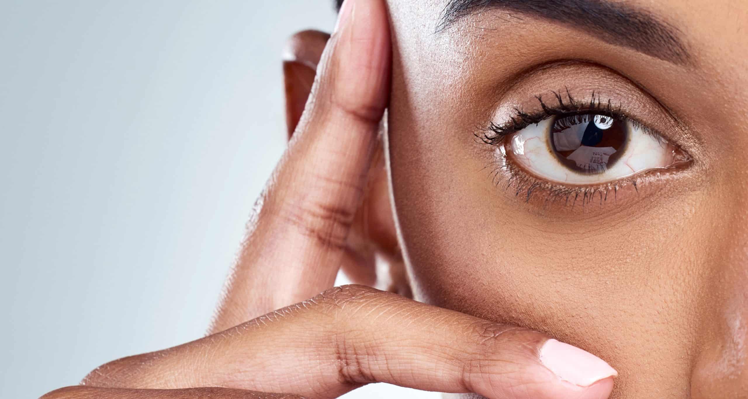 Woman hand thinking studio skincare eyebrow beauty glow morning girl model face wellness idea mockup space cosmetics…