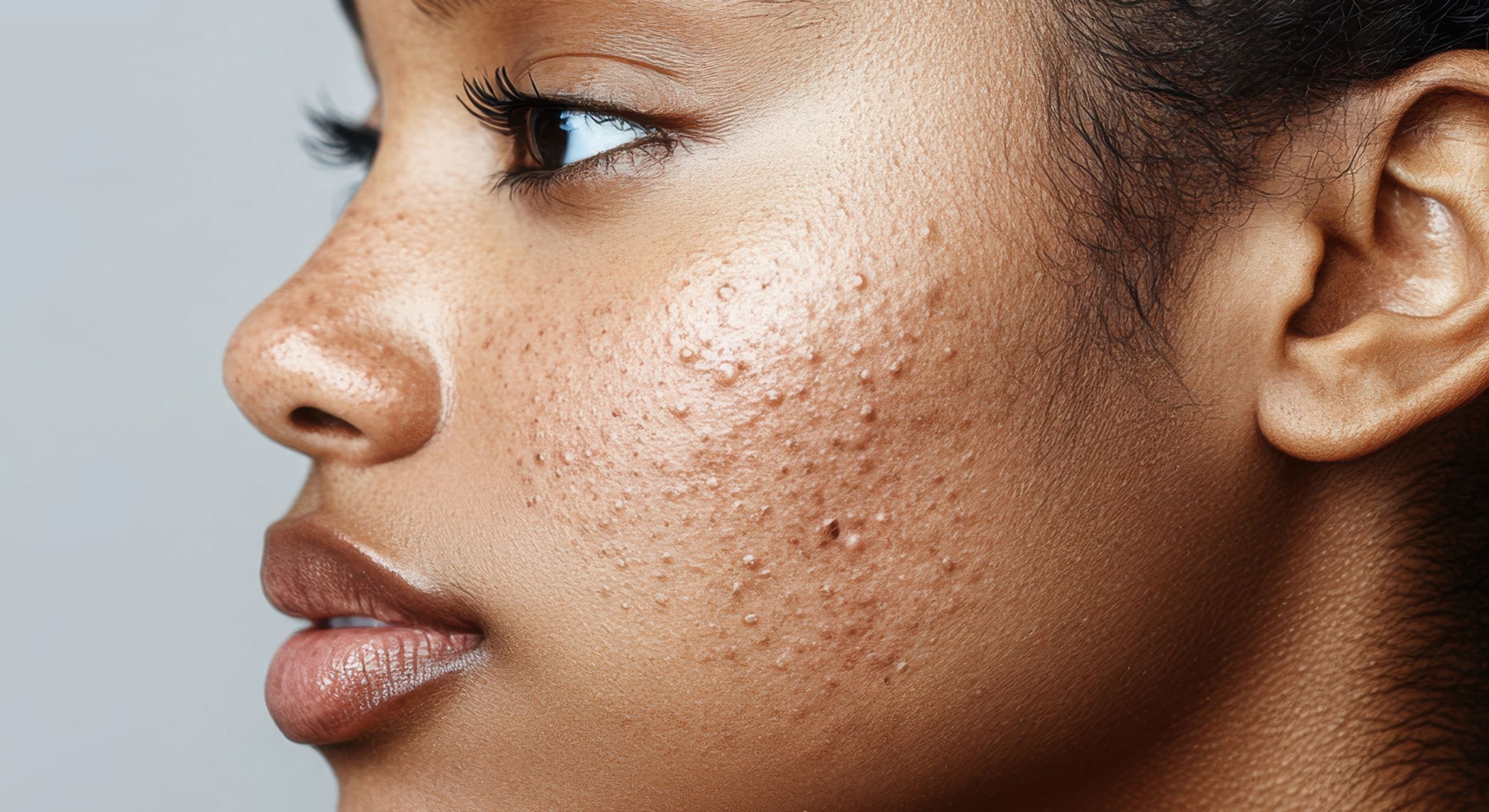 Young black woman with acne scars looking contemplative indoors 1